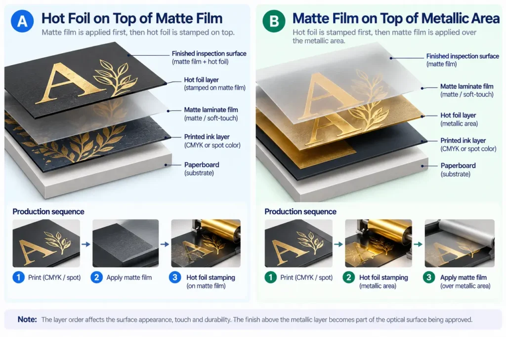 Layer-order diagrams comparing foil above matte film with film above a metallic area