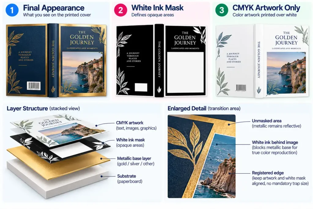 Metallic Ink vs Foil for Book Covers: When Metallic Paper Is the Better Route 3 Book cover separations identifying reflective regions, opaque white backing and color artwork