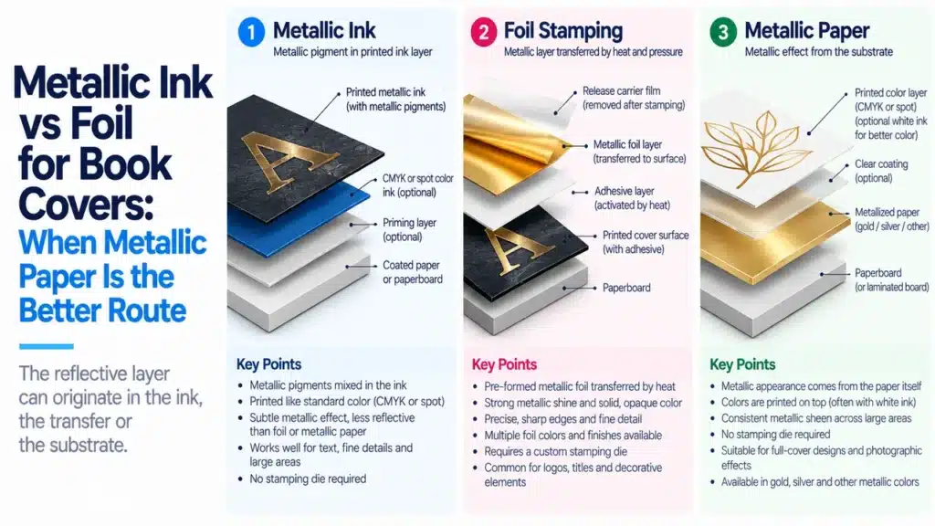 Cross-sections showing metallic ink, transferred foil and printed metallic paper for book covers