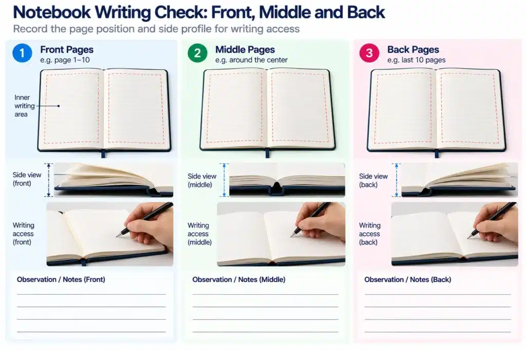 Lay-Flat Notebook Binding: Sewn, Wire-O and Concealed Wire Compared 3 Inspection sheet recording writing access at front, middle and back notebook spreads