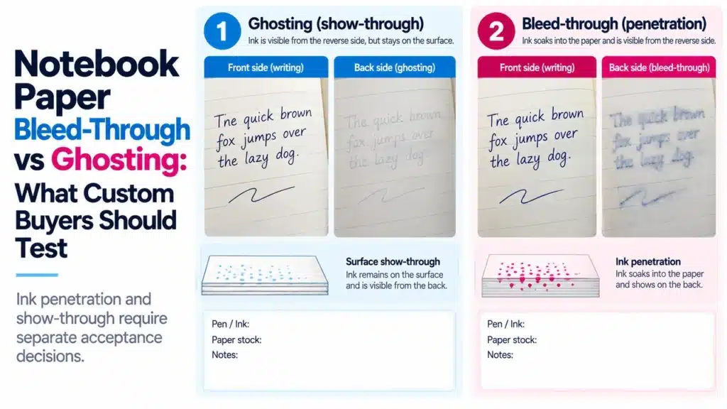 Notebook paper bleed-through and ghosting compared on the reverse sides of labeled writing samples.