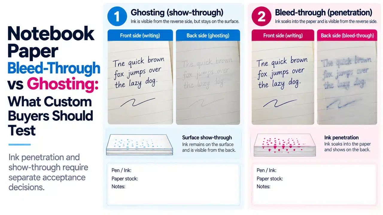 Notebook Paper Bleed-Through vs Ghosting: What Custom Buyers Should Test 1 Notebook paper bleed-through and ghosting compared on the reverse sides of labeled writing samples.