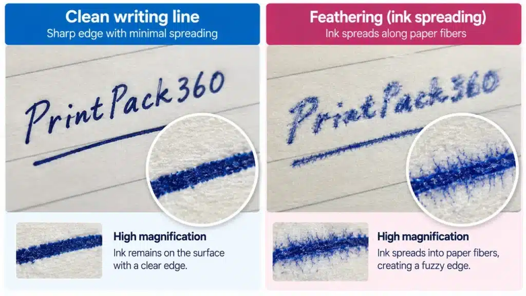 Notebook Paper Bleed-Through vs Ghosting: What Custom Buyers Should Test 3 Matched close-up views of a clean writing stroke and ink spreading along paper fibers.