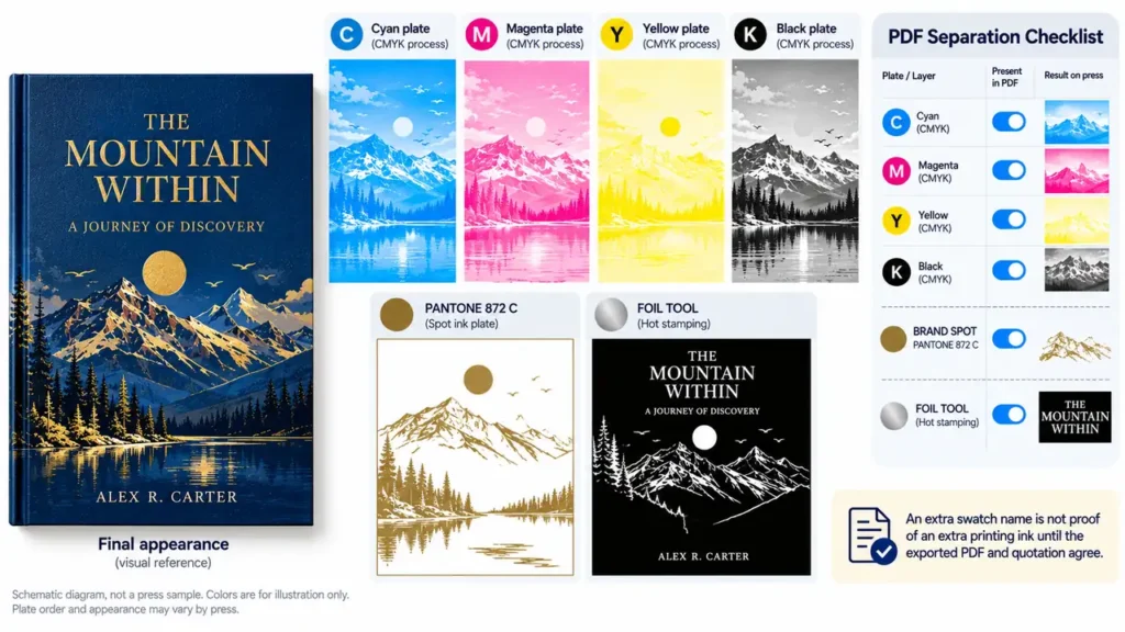 Spot Color vs CMYK for Book Covers: When Is an Extra Ink Worth It? 4 PDF separation checklist showing CMYK plates, one named spot-ink plate and separate foil tooling.