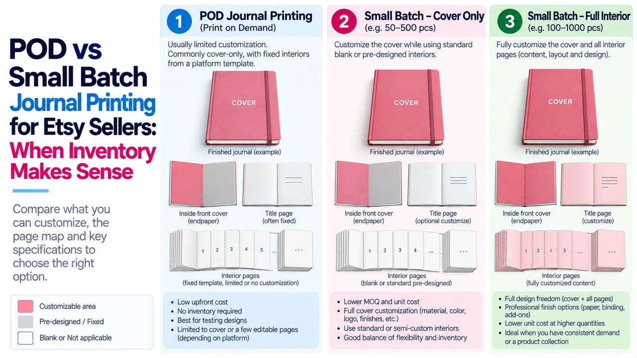 POD vs Small Batch Journal Printing for Etsy Sellers: When Inventory Makes Sense 1 POD vs small batch journal printing comparison showing cover-only, partial-interior and full-interior customization.