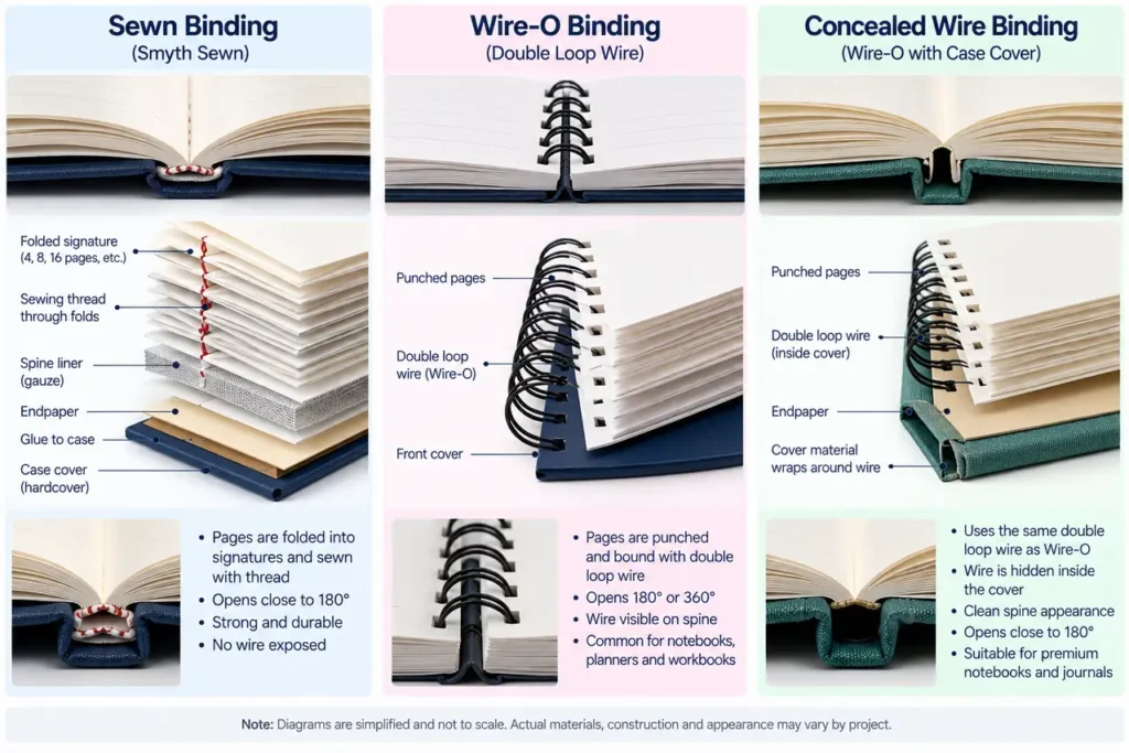 Lay-Flat Notebook Binding: Sewn, Wire-O and Concealed Wire Compared 2 Exploded comparison of sewn sections, double-loop wire and a case enclosing wire binding