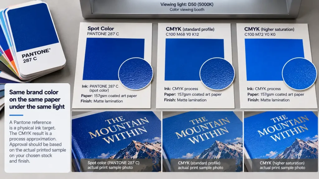 Spot Color vs CMYK for Book Covers: When Is an Extra Ink Worth It? 3 Spot-ink and CMYK proof swatches of one brand color on the same named paper under one viewing light.